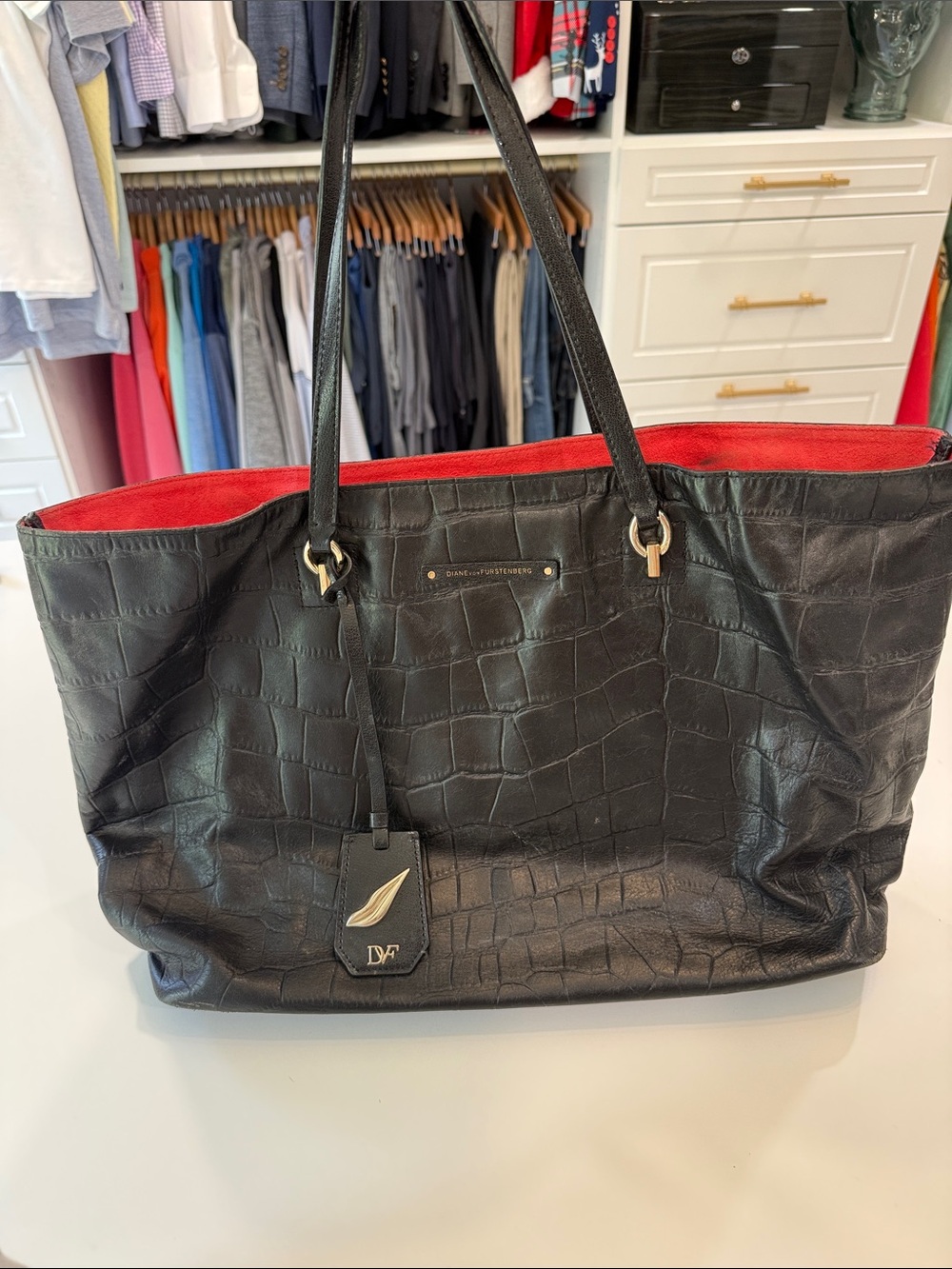 Diane Von Furstenberg Black Croc-Embossed Leather Tote with Red Interior